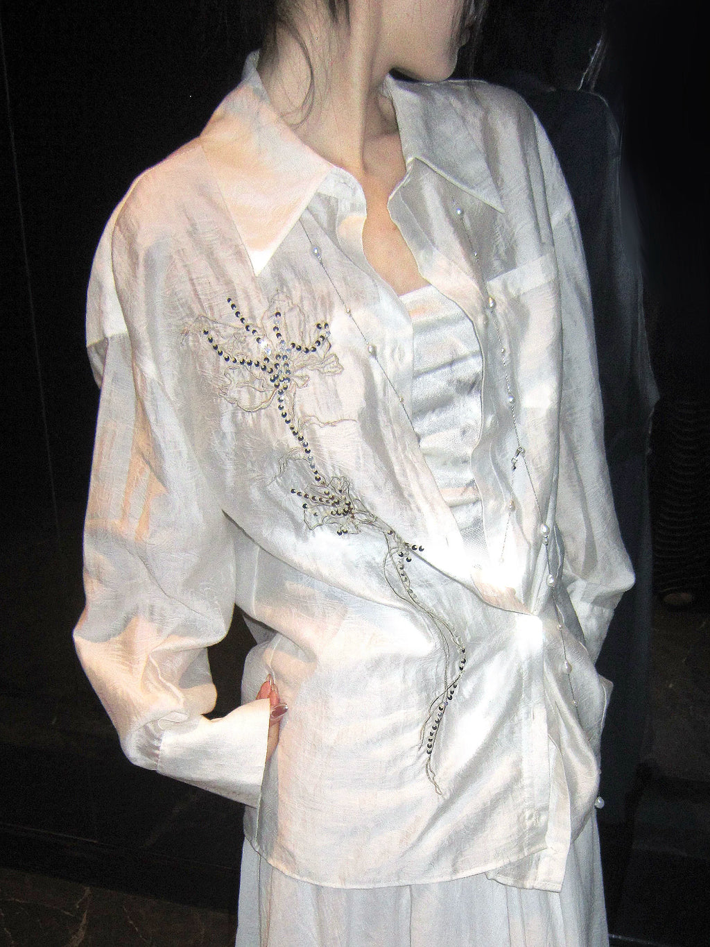 LOUMUTAKU Jacquard Tencel Bead Embroidered Loose Shirt