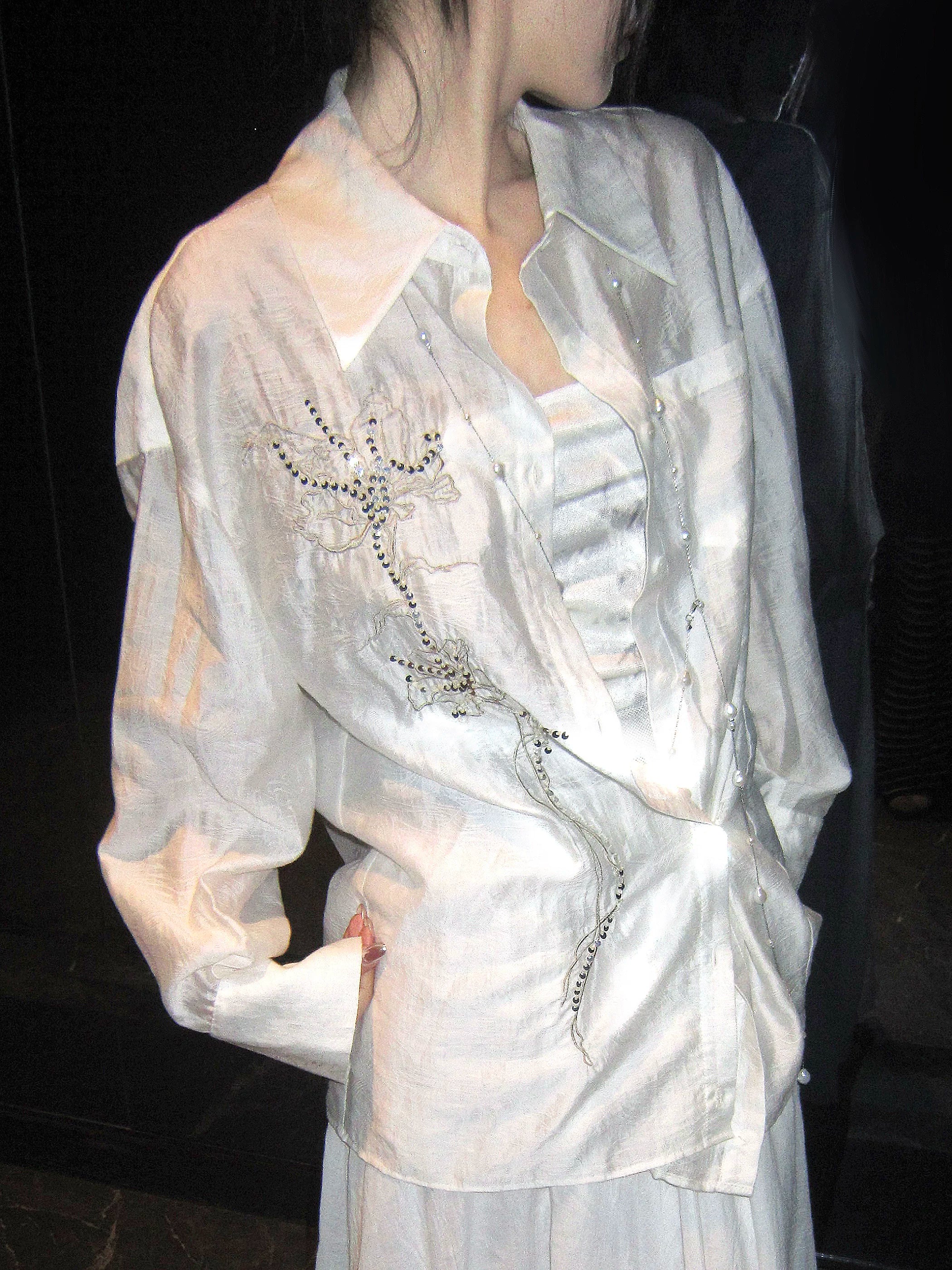 LOUMUTAKU Jacquard Tencel Bead Embroidered Loose Shirt