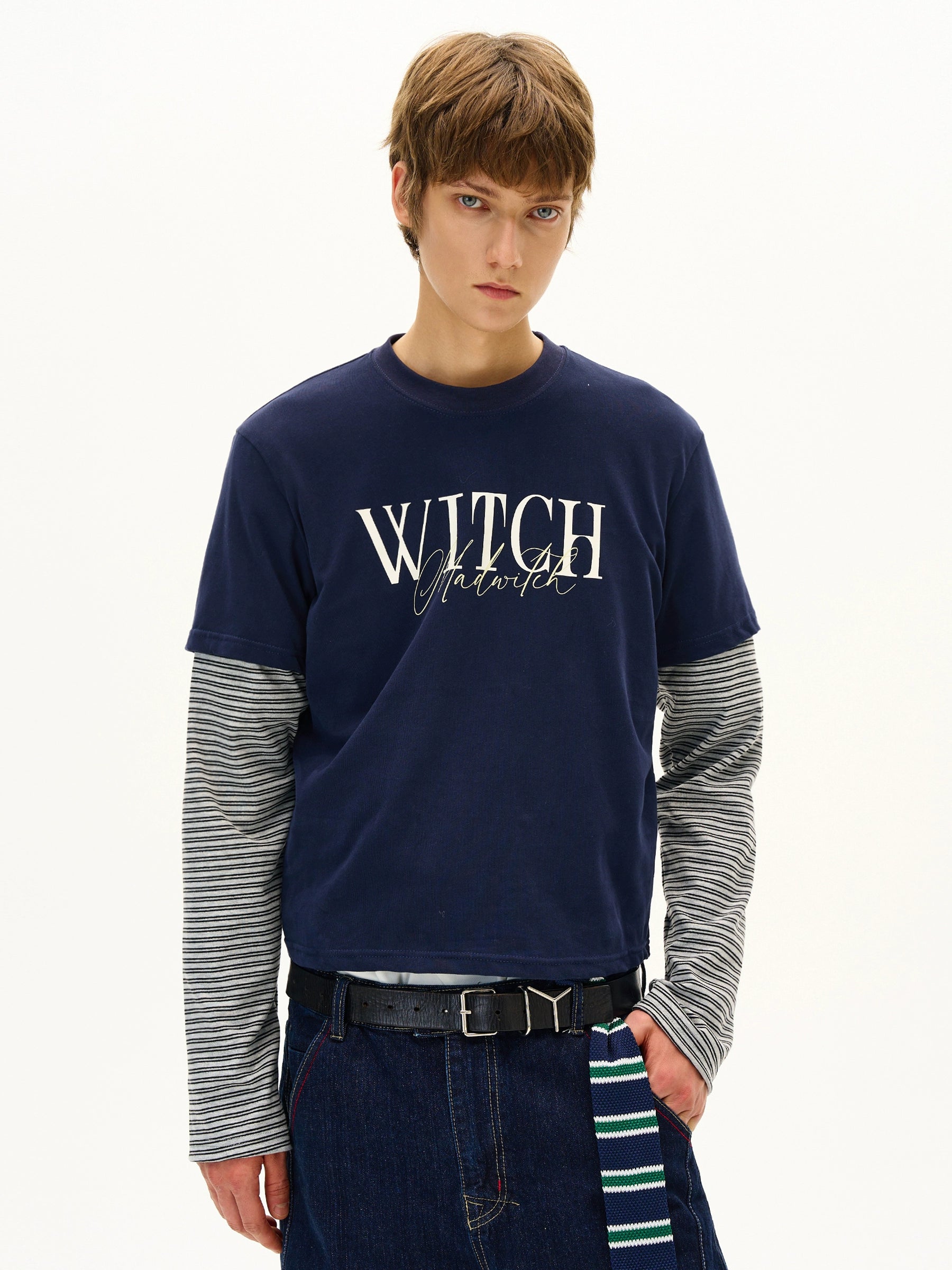 MADWITCH Striped Fake Two Piece Print Long Sleeve