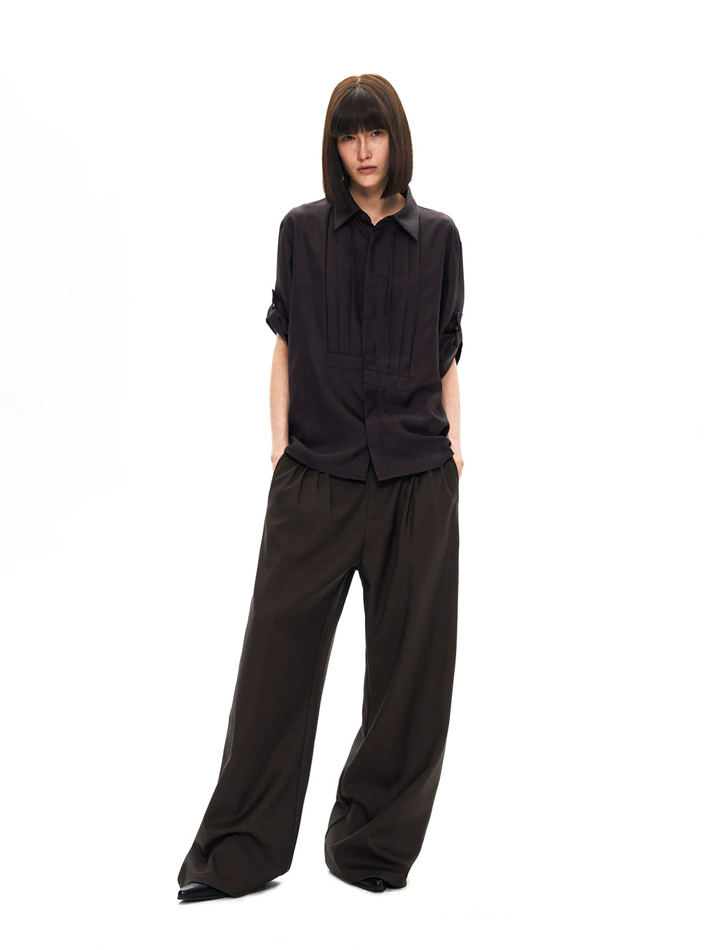 Slight Vogue Lapel Loose Large Pleated Short Sleeve Shirt