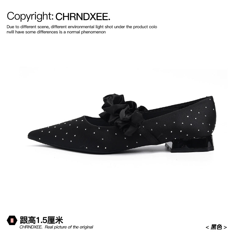 CHRNDXEE Bow One-button Versatile Pointed Shallow Mouth Single Shoes