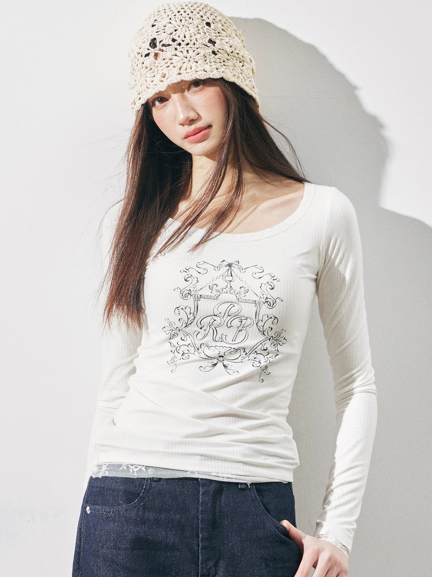 RPB BRAND Vintage Lace Slim-Fit U-Neck Bottom Shirt