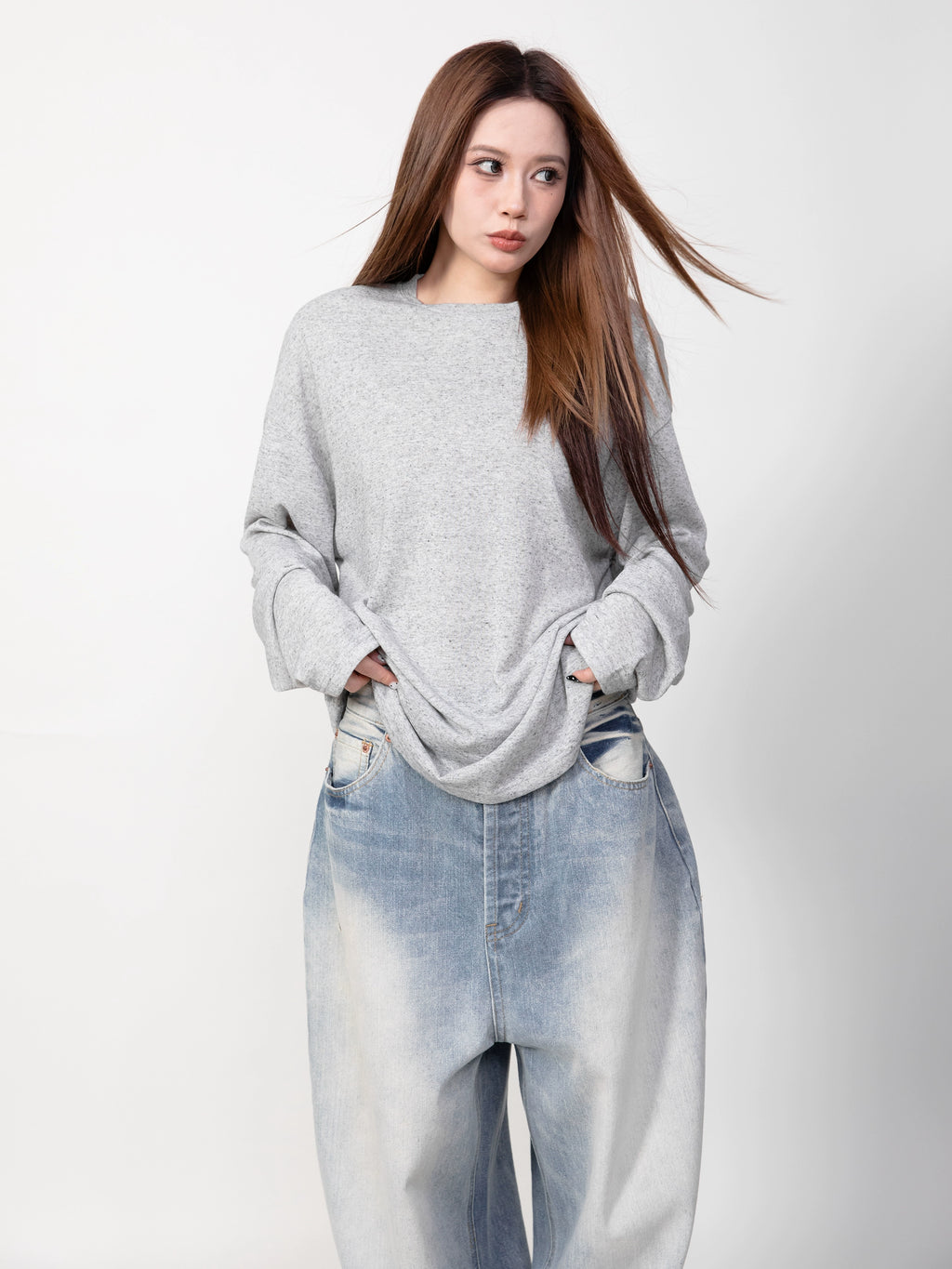 RHOMEHOUSE Lazy Loose Crew Neck Long Sleeves
