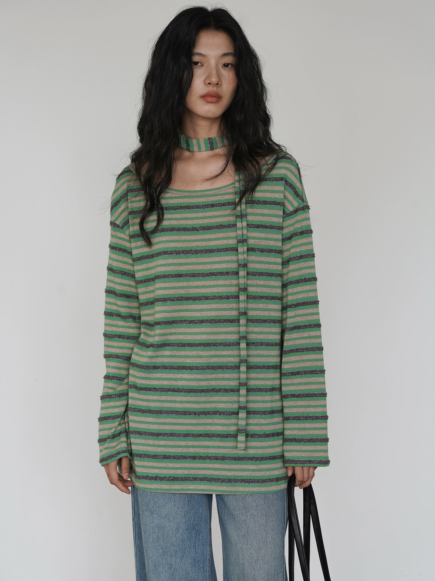 EIGHTHMONTH Striped Off-the-shoulder Streamer Casual Long Sleeve