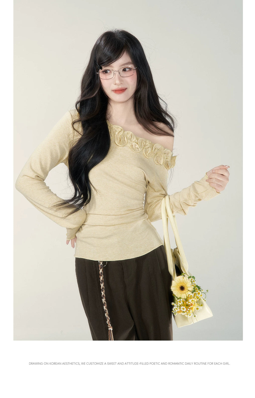 Wildberry Slant Shoulder Stand Flower Slim Knit Long Sleeve