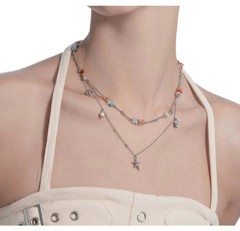 MASW Gravel Double Stacked Detachable Star Pendant Necklace