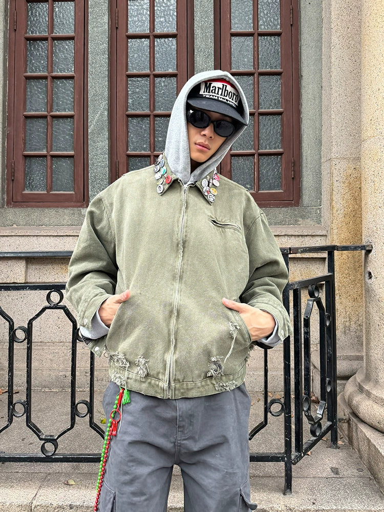 EAHO Vintage Badge Frayed Lapel Jacket