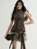 JNYLON Retro Rivet Belt Decorative Fluffy Splicing Turtleneck Short Tank Top Skirt