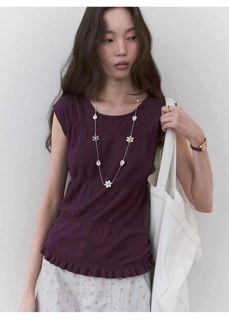 VOOE Round Neck Broken Pleated Knitted Slim and Thin Tee