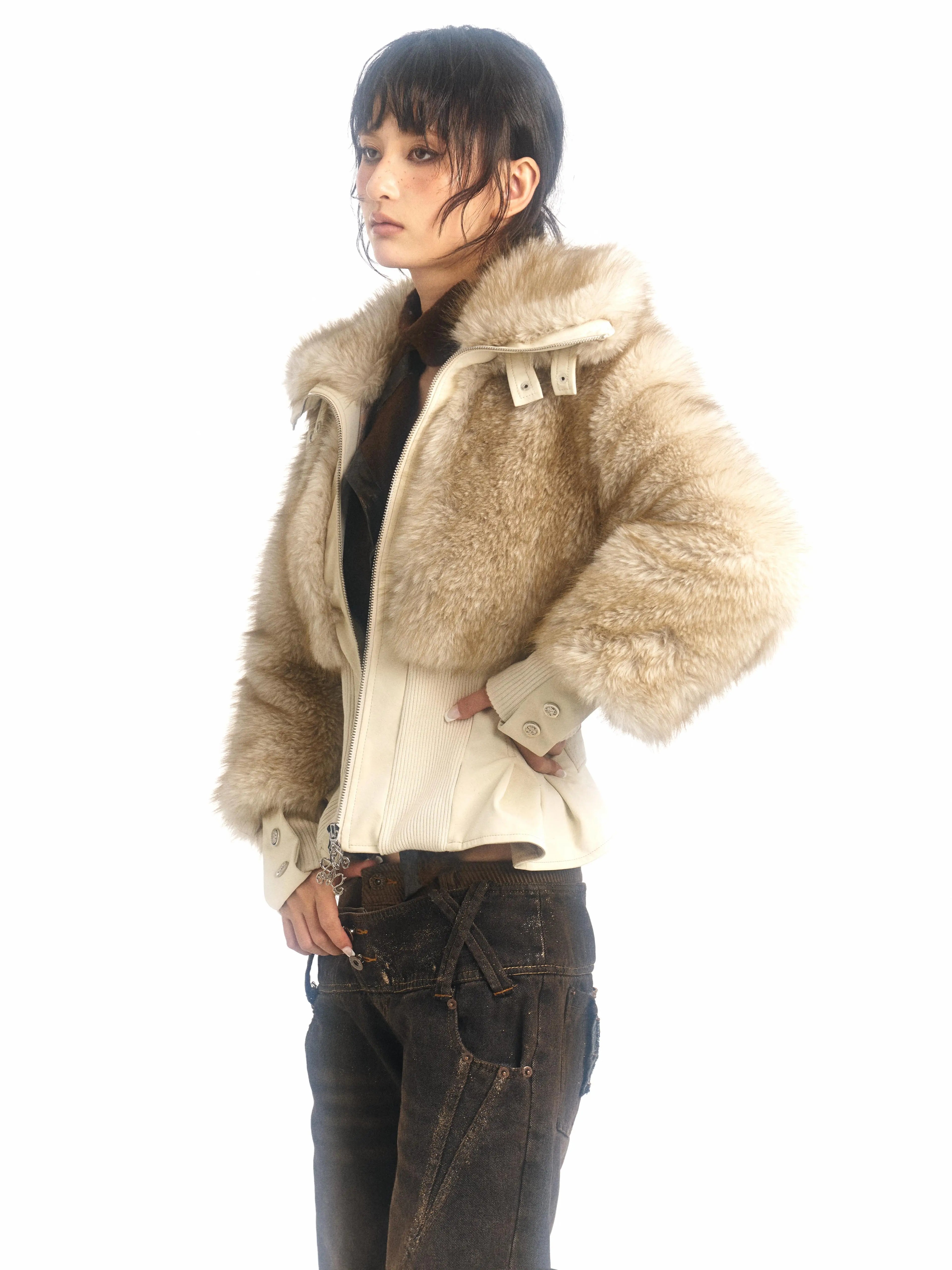 Floirds Market Off-White Skinny Waist Warm Fur Turtleneck Jacket