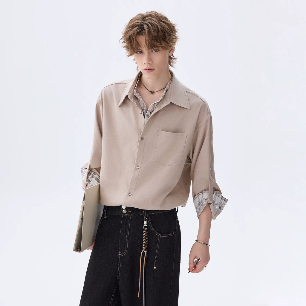 CHOR Ice Silk Denim Puzzled Plaid Double Collar Long Sleeve Shirt