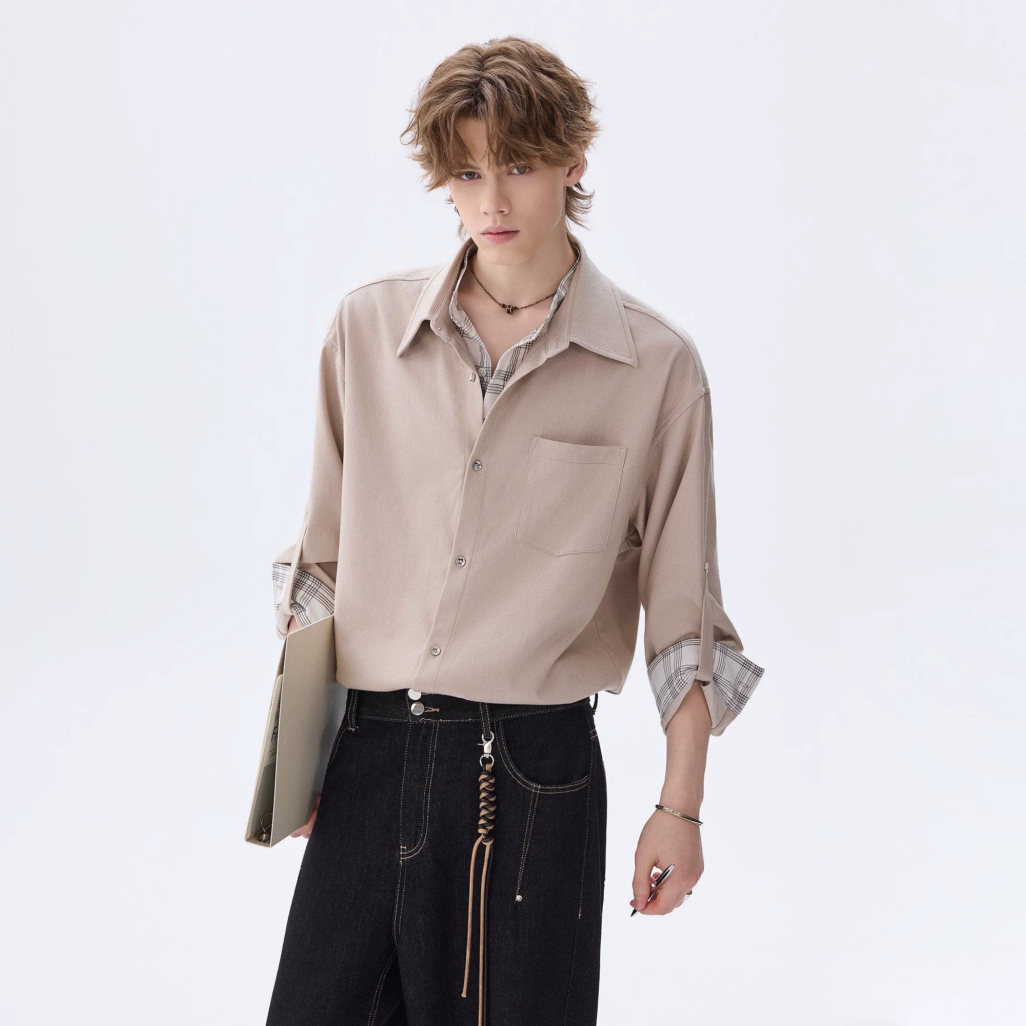 CHOR Ice Silk Denim Puzzled Plaid Double Collar Long Sleeve Shirt