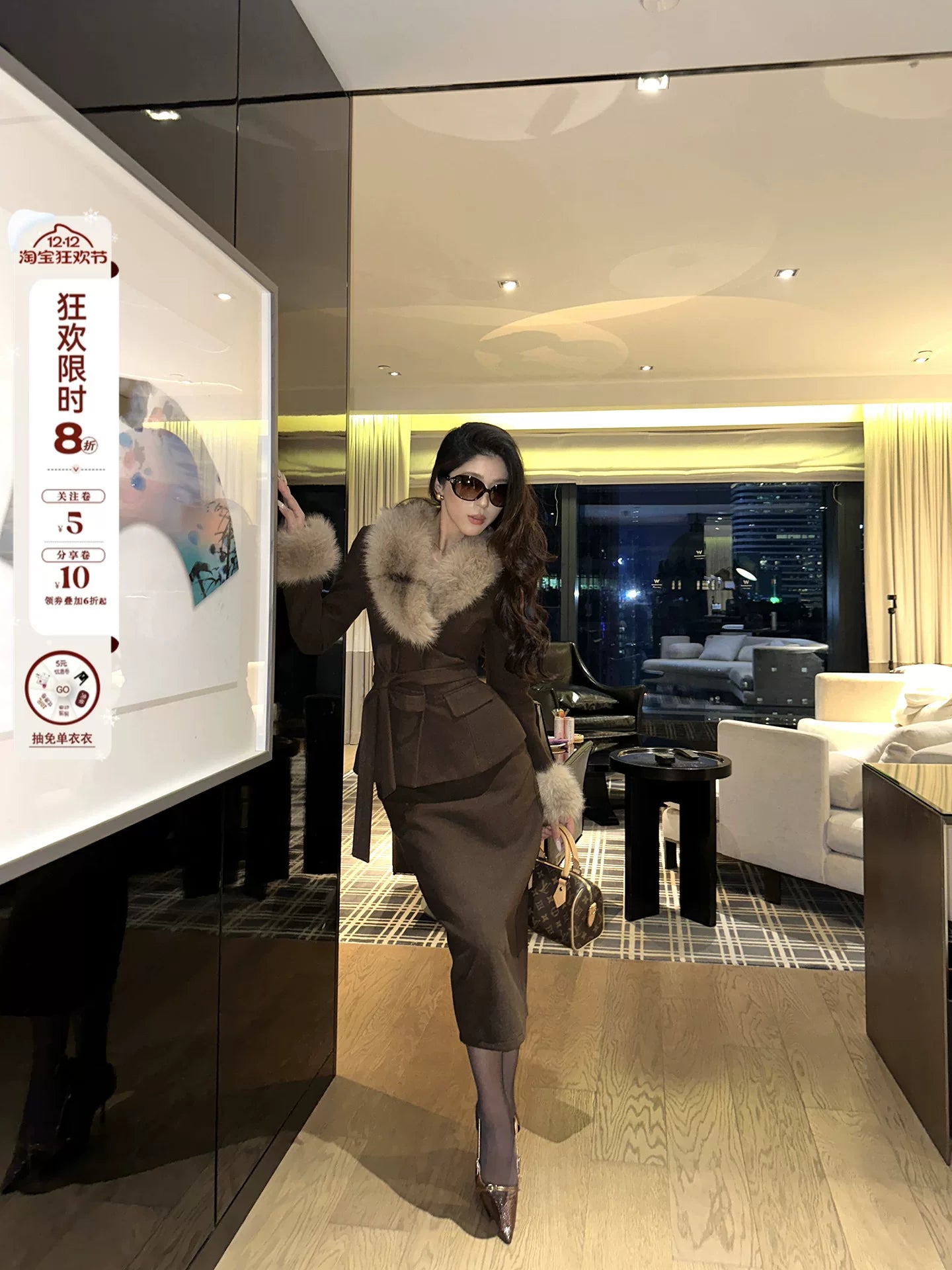 LLROGE Fur Collar Waist Woolen Jacket Skirt Set