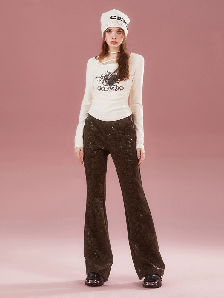 Imone Retro Micro-pull High Waist Slim Crack Leather Pants