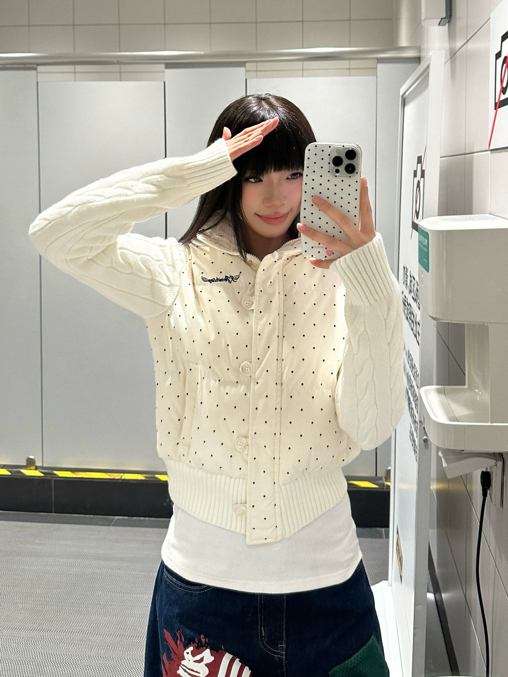 Mershier Vintage Polka Dot Splicing Knitted Stand-Up Collar Cotton Clothing