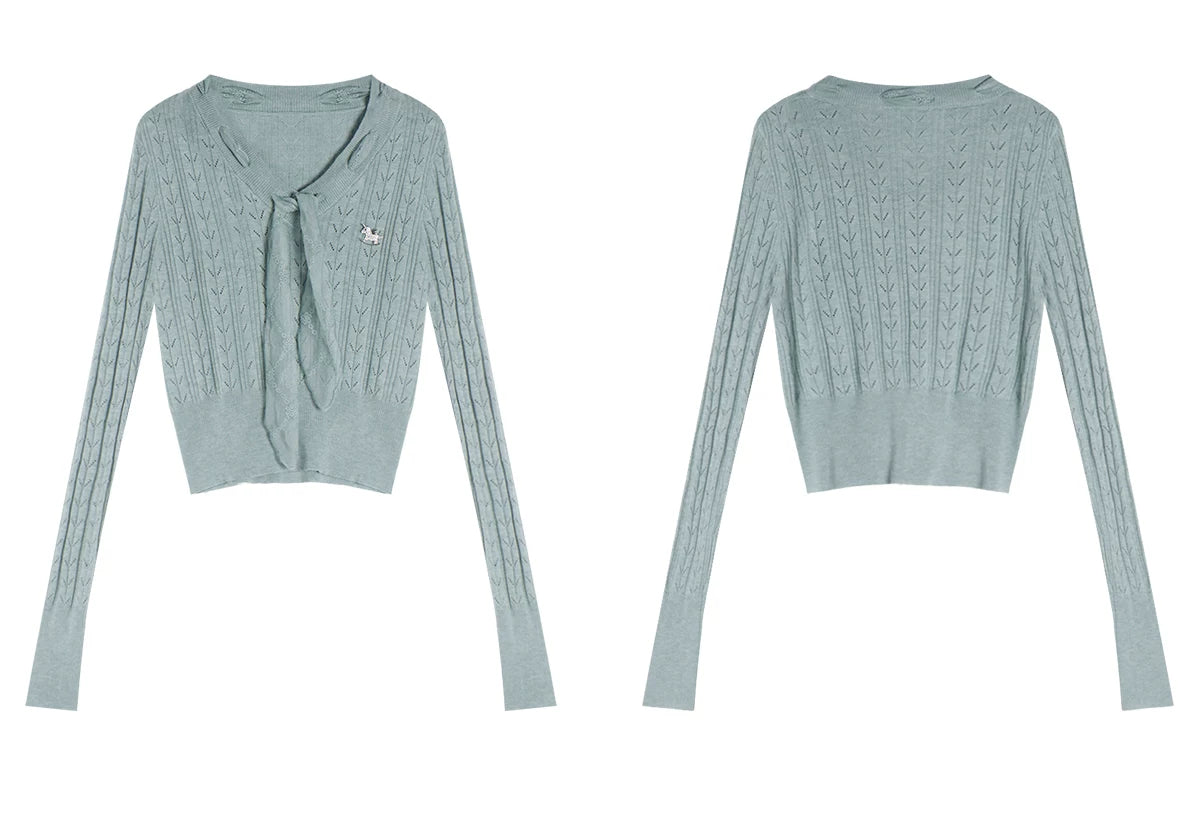 TYANG Hollow Twisted Waist Lace Streamer Knitted Sweater