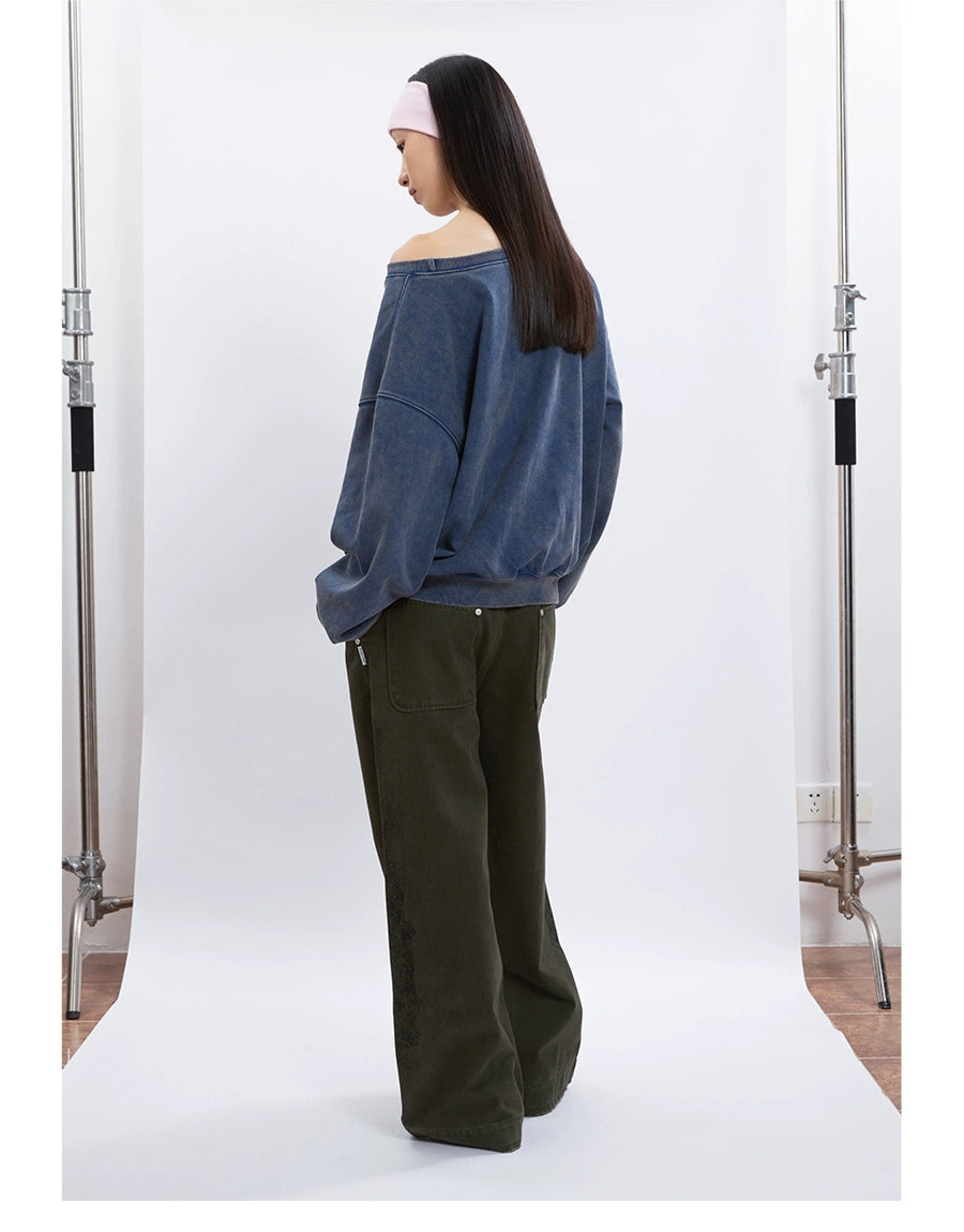 FUNKYFUN Lace Print Burrs Straight-leg Pants