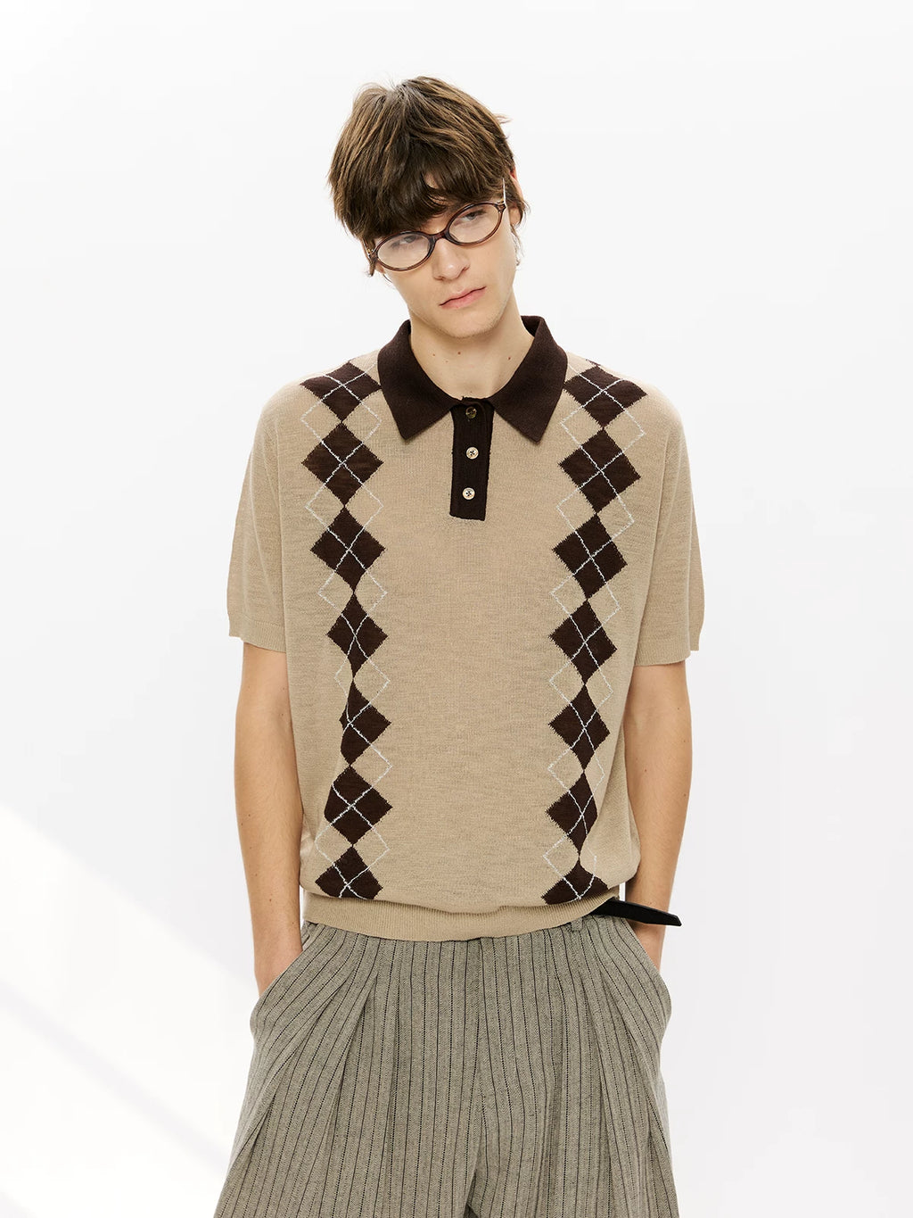 KREATE Rhombus Vertical Contrasting Casual Knitted Tee
