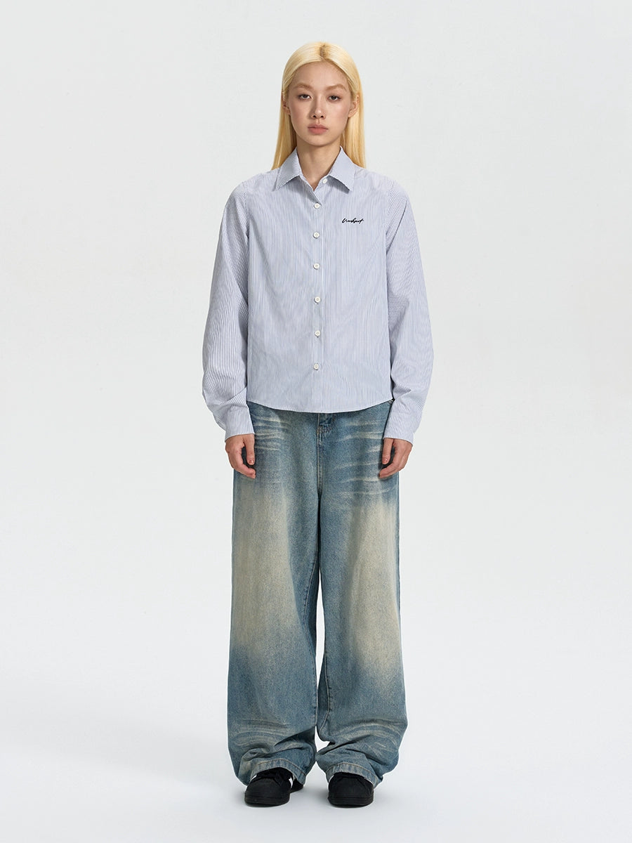 NICEBAD Striped-embroidered Slim-fit Short Shirt