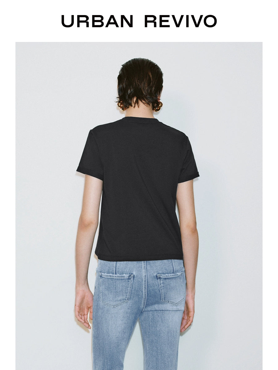 URBAN REVIVO Fun Casual Embroidery Curled Short Sleeve Tee