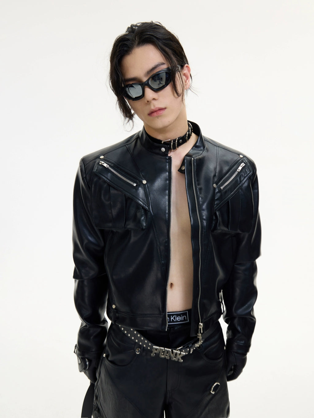 PEOPLESTYLE Metal Zipper Short Motorcycle Jacket Leather Jacket