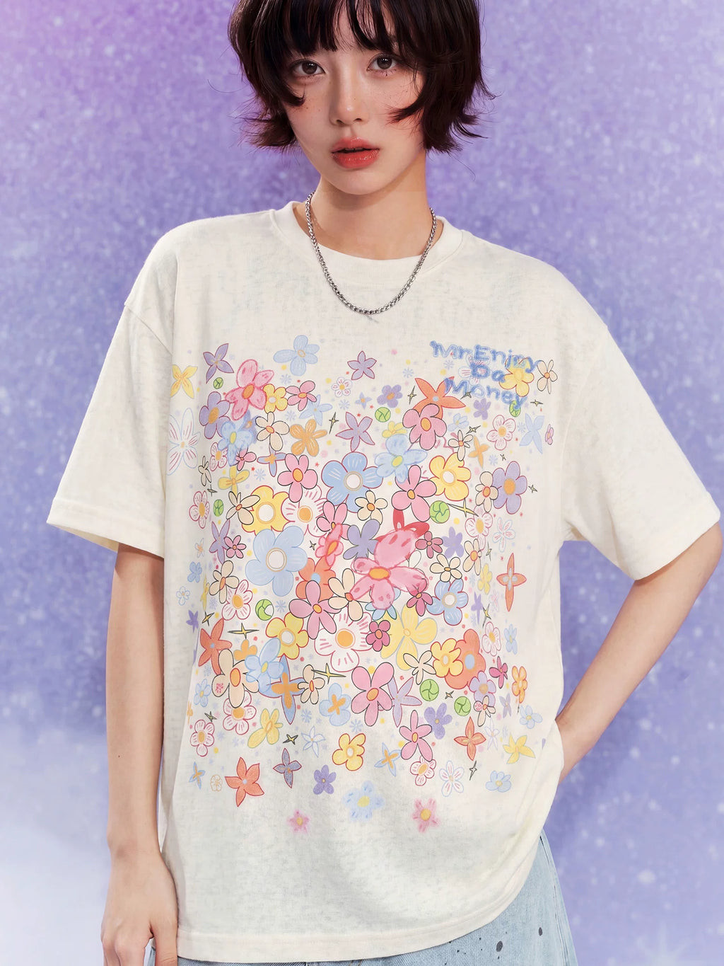 MEDM Flower Print Color Yarn Casual Loose Tee