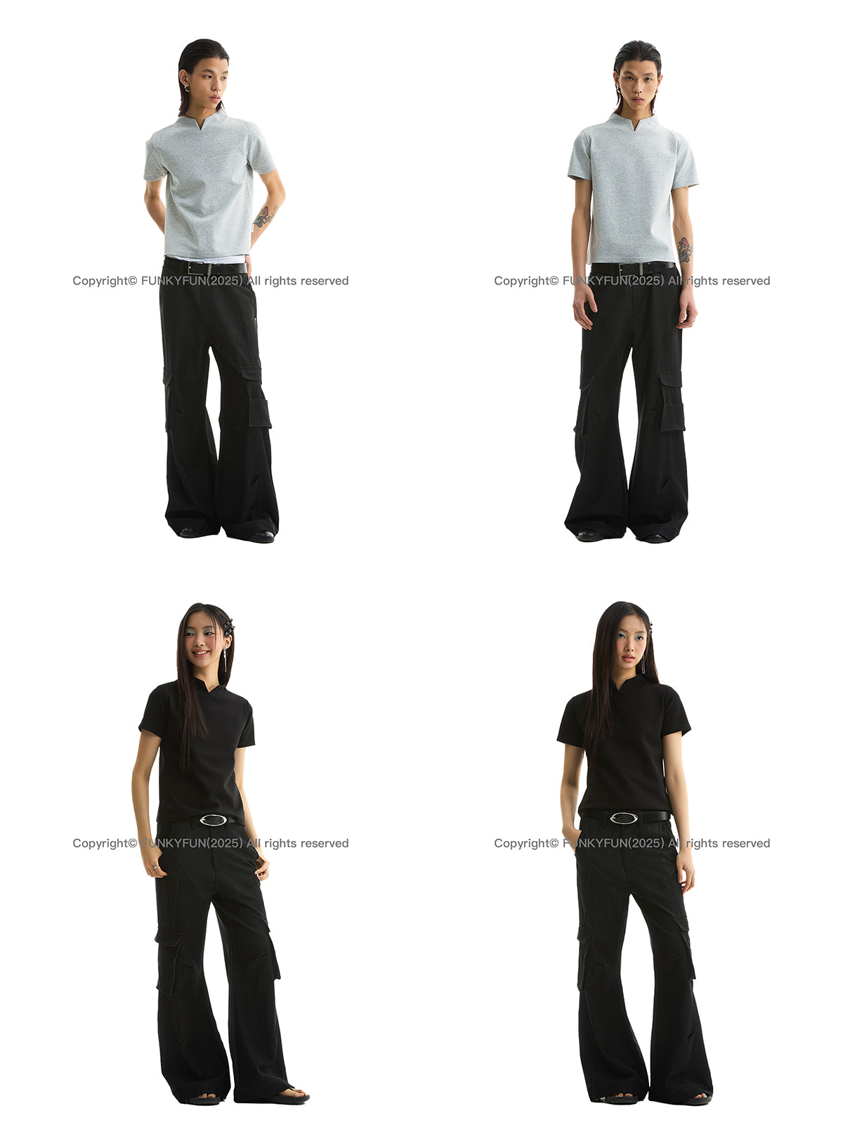 FUNKYFUN V-neck Small Stand-up Collar Space Cotton Slim-fit Tee