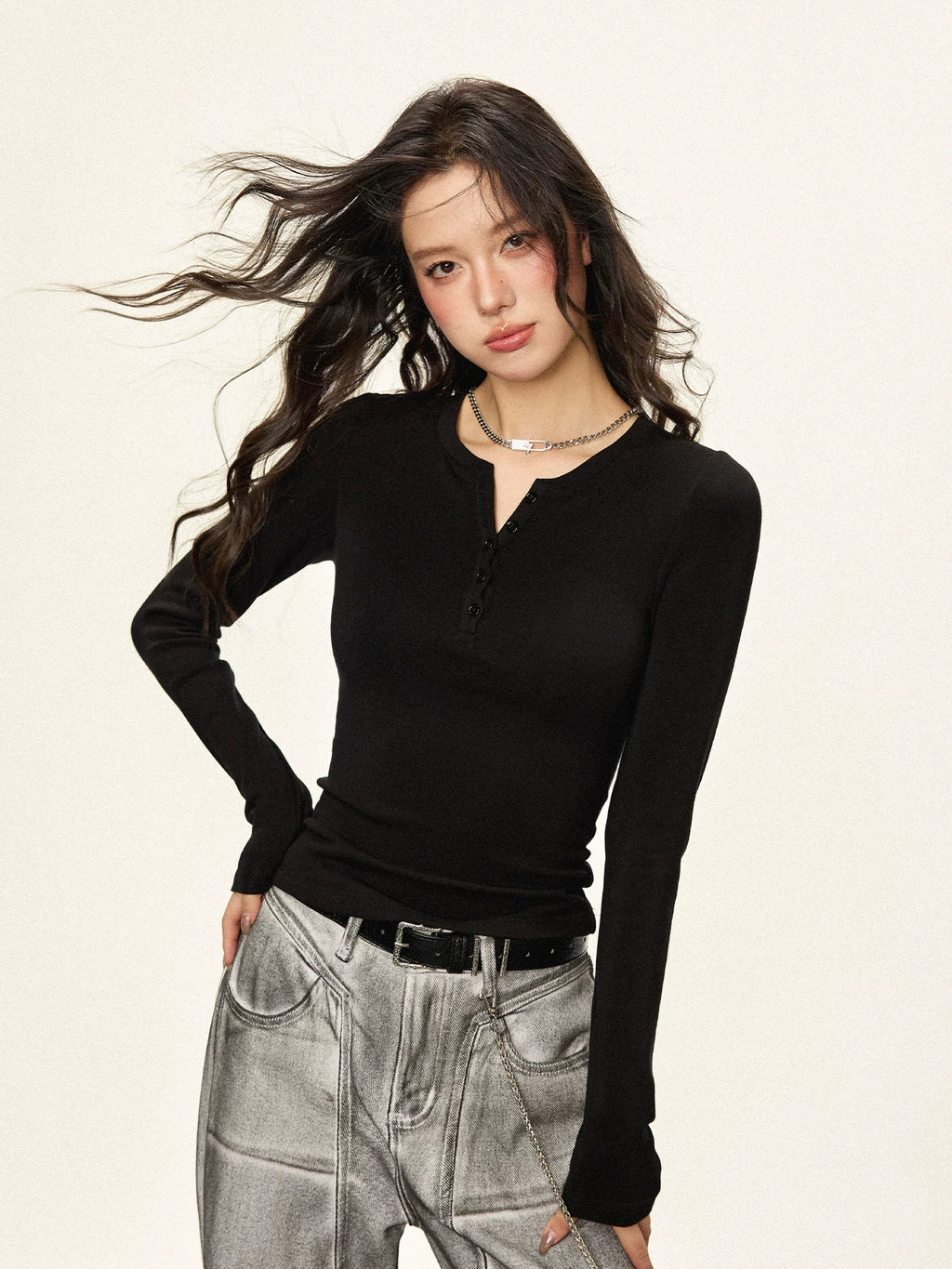 Cherry Melody Cropped Ribbed Henley Long-Sleeve Tee