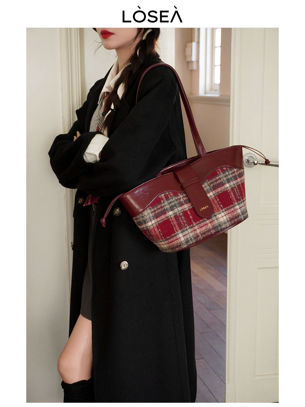 LOSEA Large Capacity Plaid Shoulder Bag