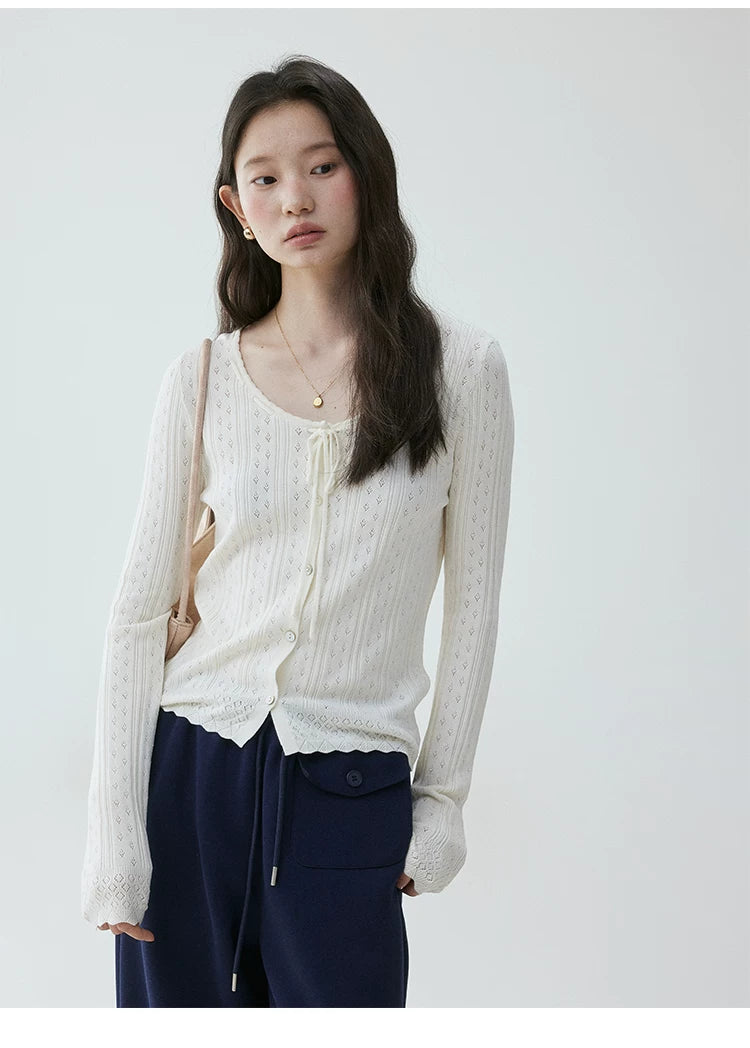 VOOE Round Neck Jacquard Hollow Strap Knitted Long Sleeve