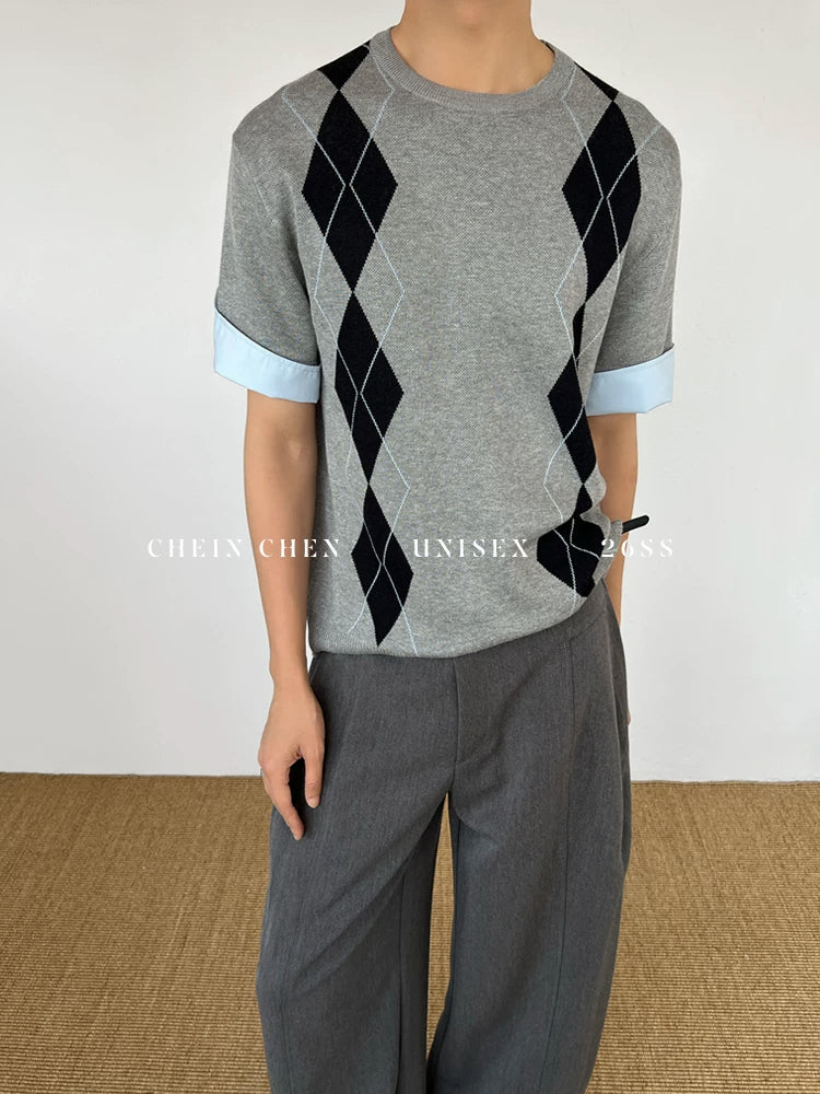 Chein Rhombus Shirt Collar Fake Two-piece Knitted Sweater