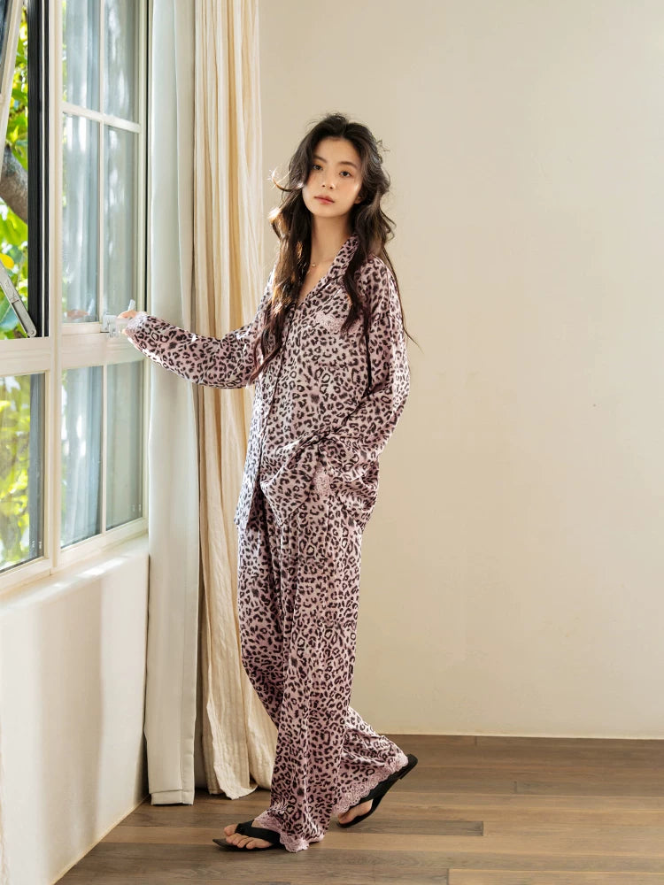 YUENEI Leopard Print Pink Silk Ice Silk Long-sleeved Trousers Pajamas