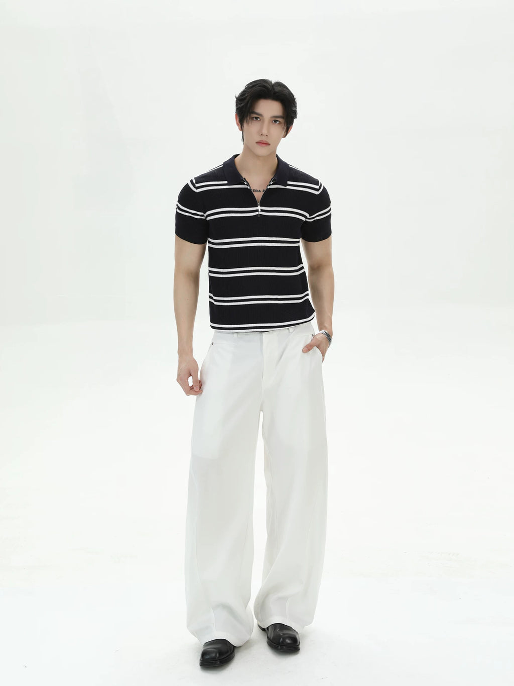 TURNTIDE Cool Anti-wrinkle Half Zipper Striped Knitted Tee