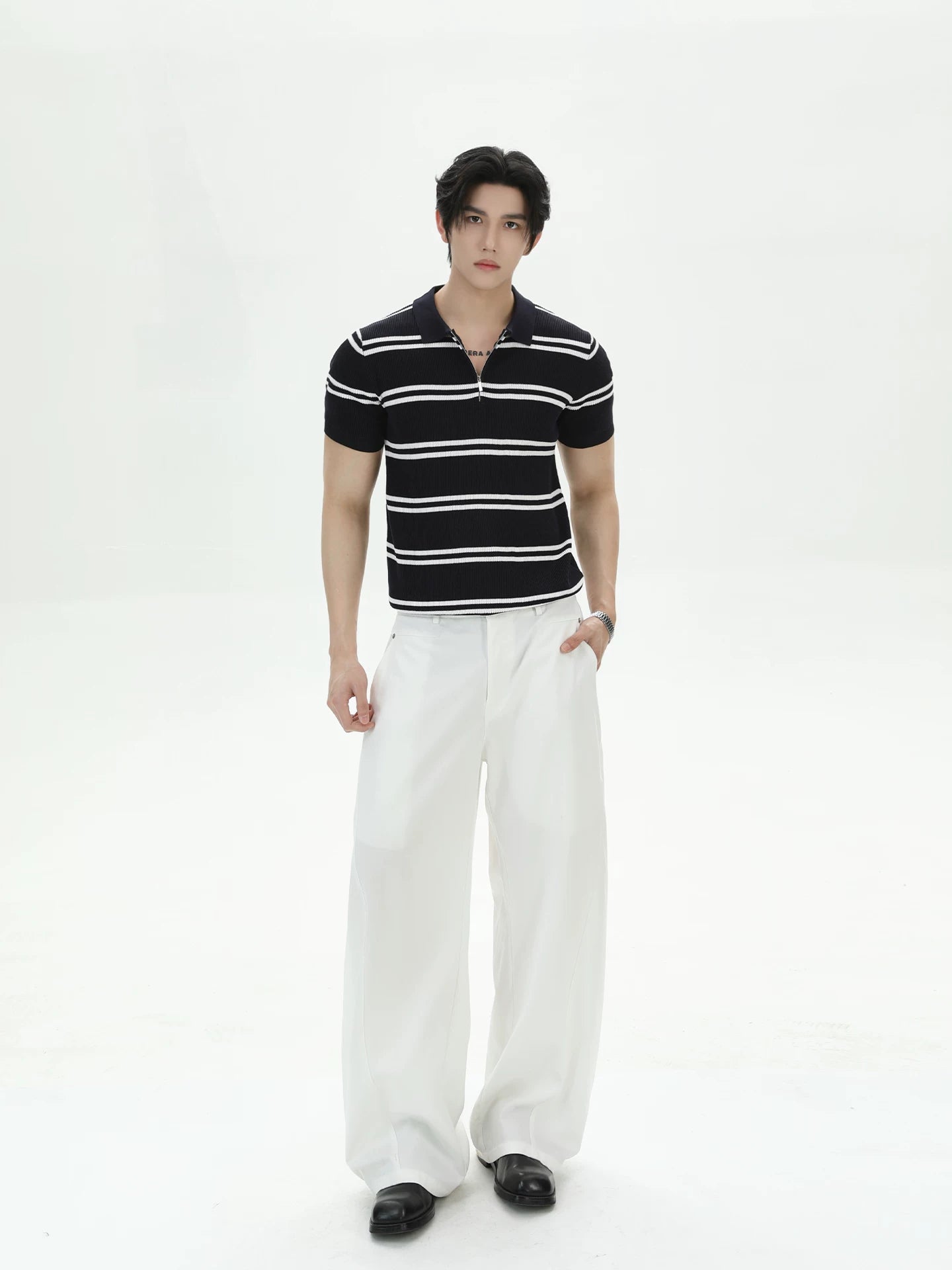 TURNTIDE Cool Anti-wrinkle Half Zipper Striped Knitted Tee