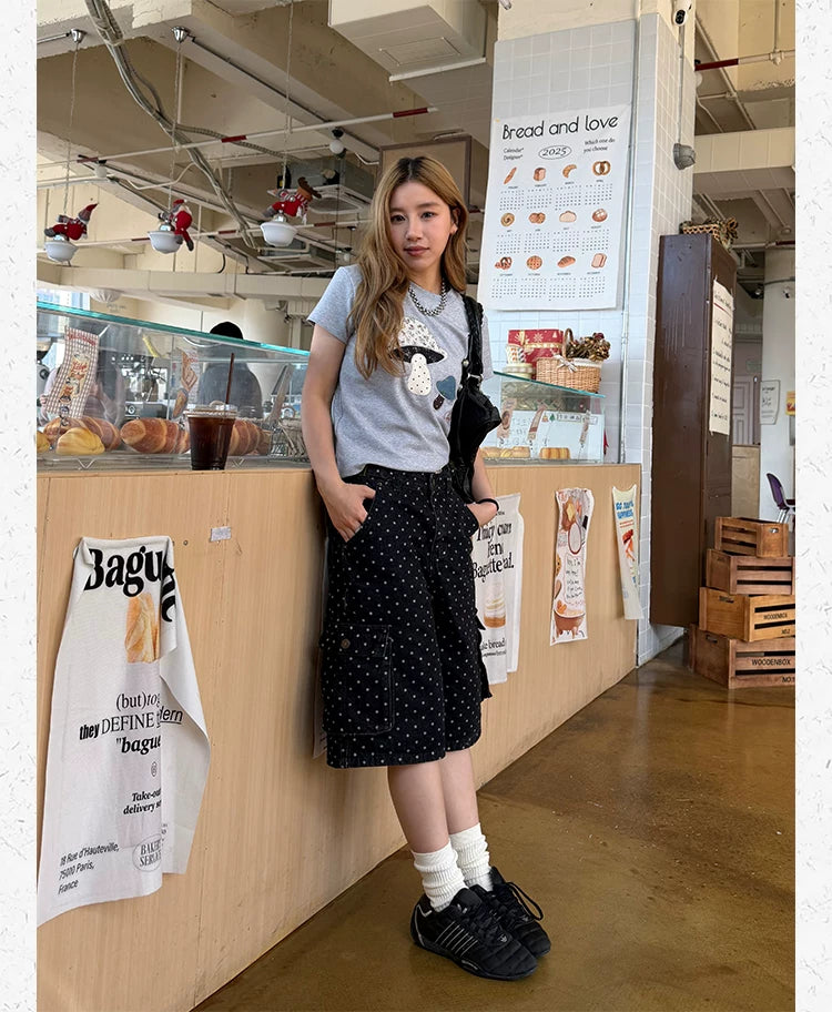 CCYE Retro Polka Dot Denim Cropped Shorts