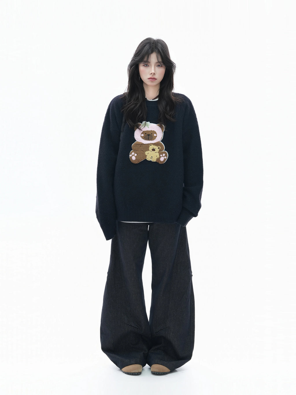 Zuocisankon Slack Soft Waxy Towel Embroidered Bear Sweater