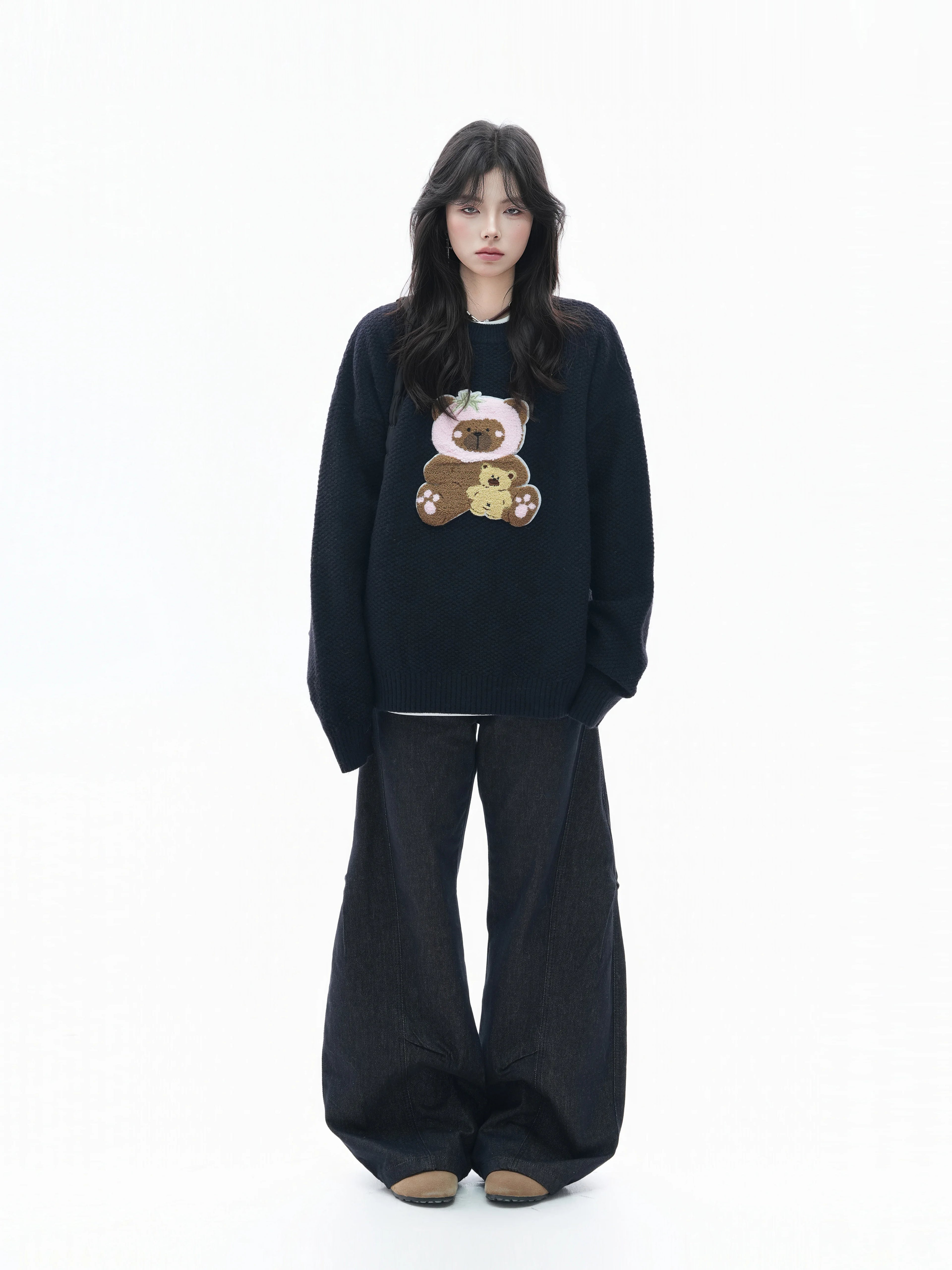 Zuocisankon Slack Soft Waxy Towel Embroidered Bear Sweater