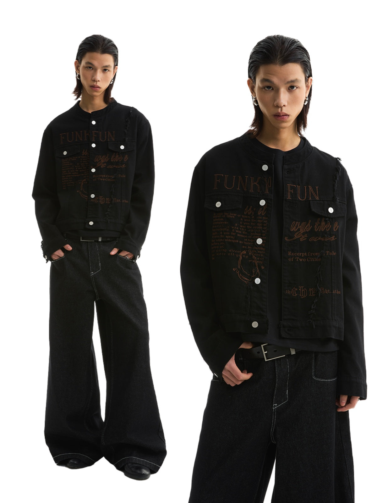 FUNKYFUN Embroidered Burrs Collarless Denim Jacket