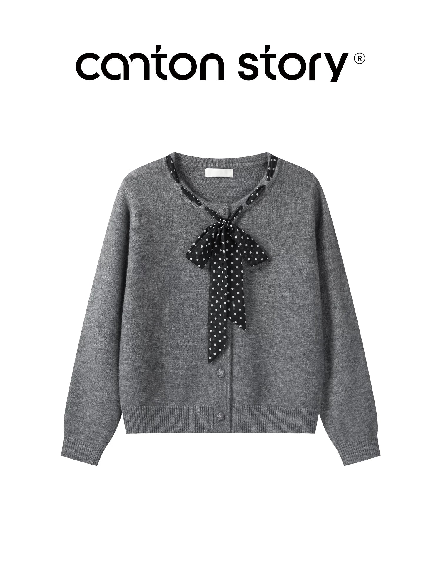 Cantonstory Polka Dot Silk Scarf Crew Neck Knitted Cardigan Sweater
