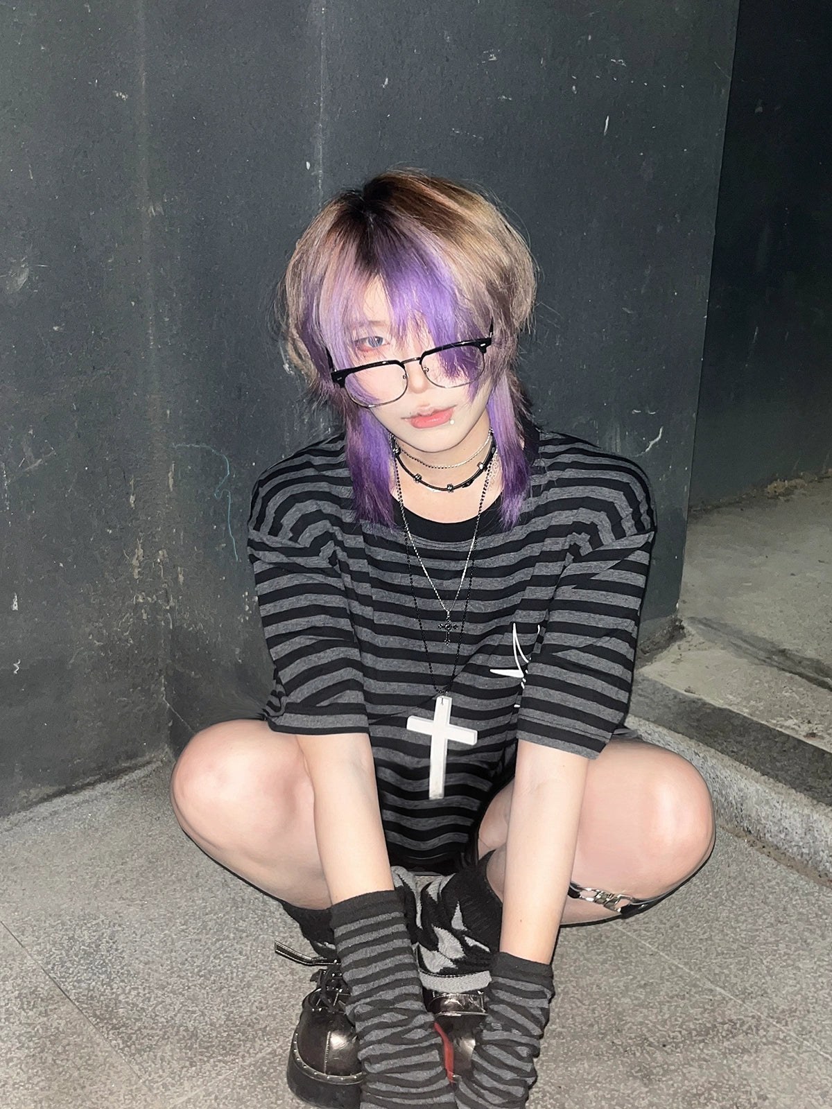 Wetbody Striped Casual Loose Tee