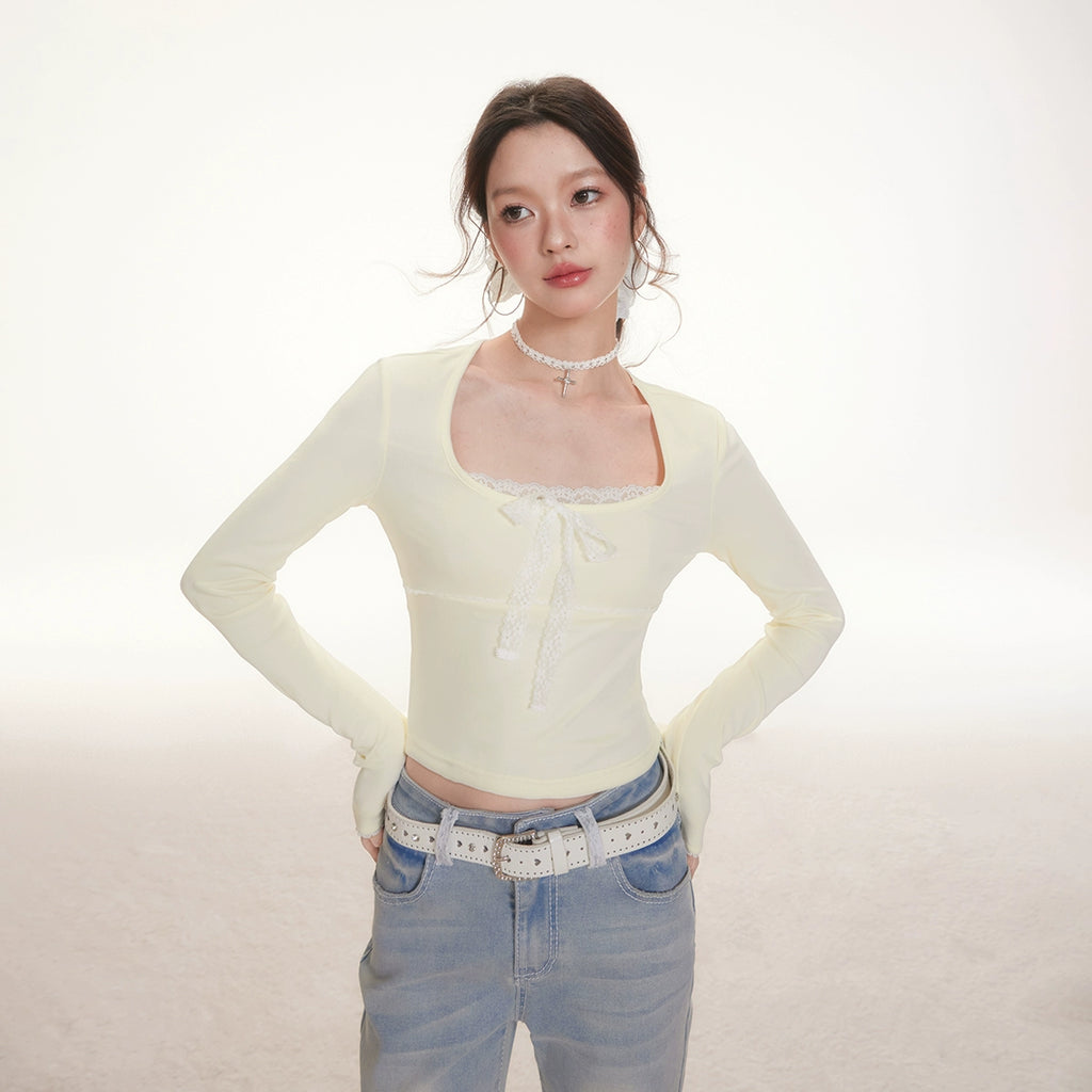 Imone Lace Splicing Bow Strap Square Neck Long Sleeve