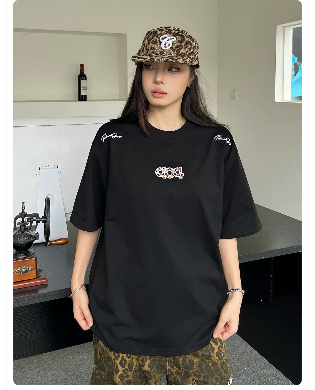 404MOB Leopard Print Alphabet Embroidered Round Neck Versatile Tee