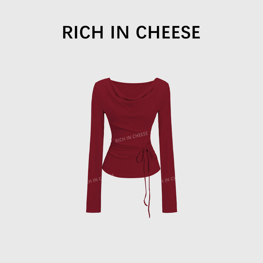 RICH IN CHEESE Waist Fold Temperament Swing Neck Long Sleeve