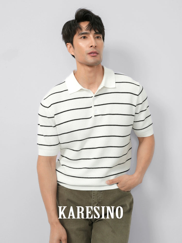 KARESINO Breathable Lapel Striped Polo Knitted Sweater