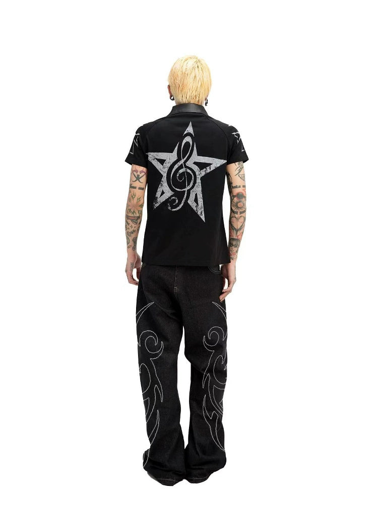 DETW 25ss * "Totem" original niche scimitar original cow snake pattern embroidery wide-footed commuter daily jeans