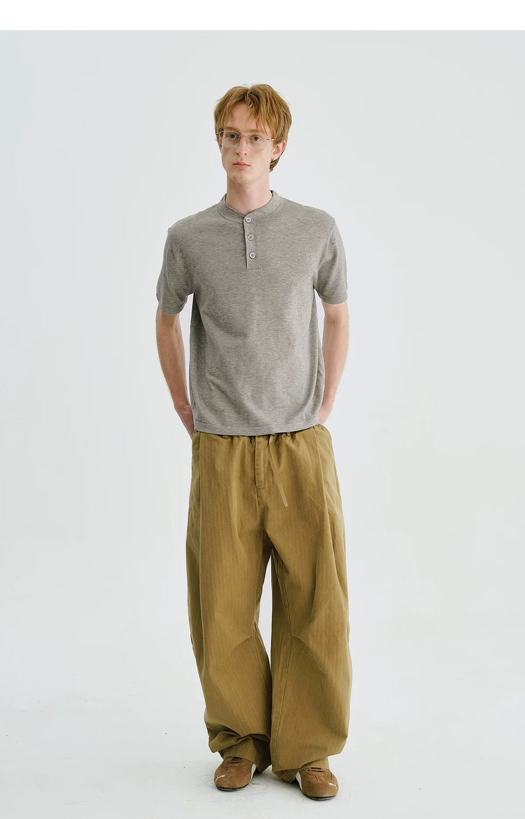 LIVINGTOWN Simple Henry Collar Versatile Casual Tee