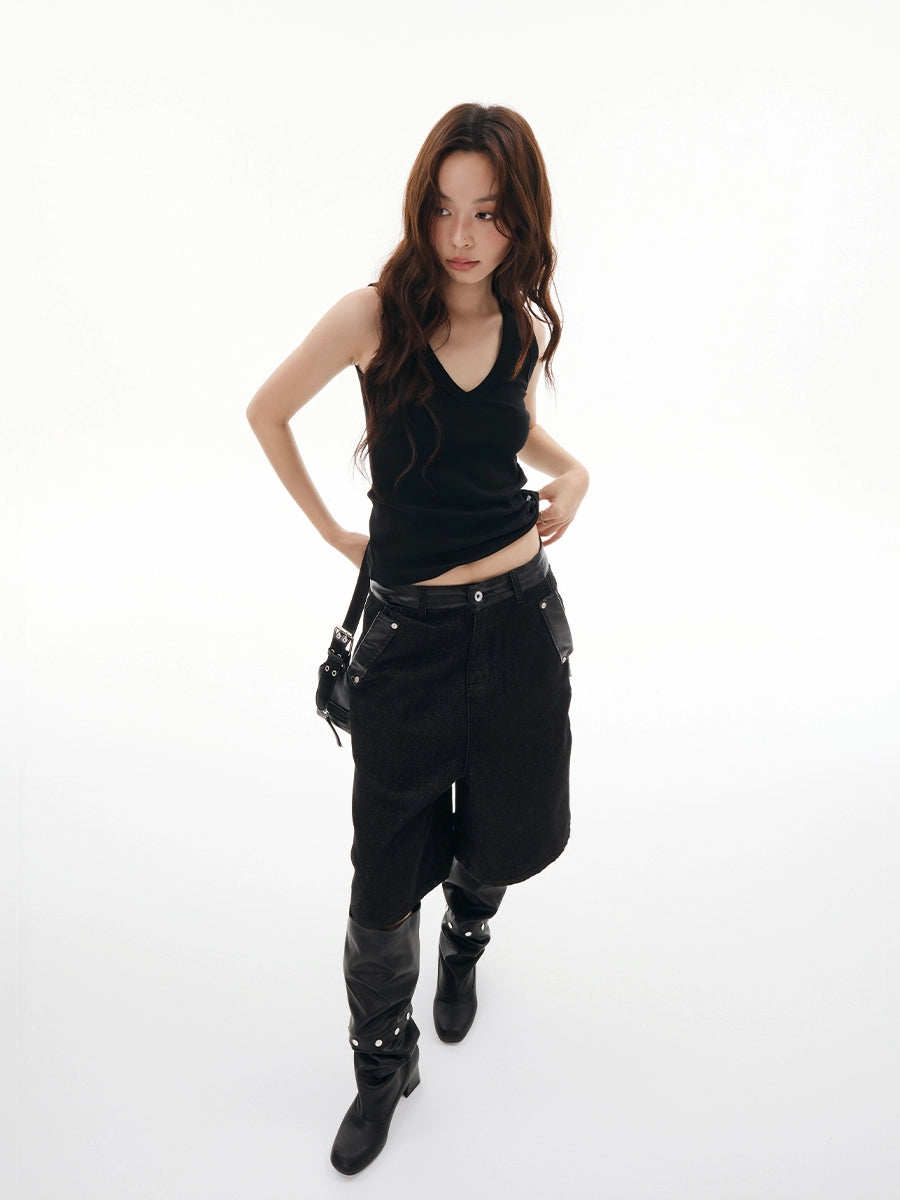 FUNKYFUN Splicing Loose Wide Seven-Point Jeans