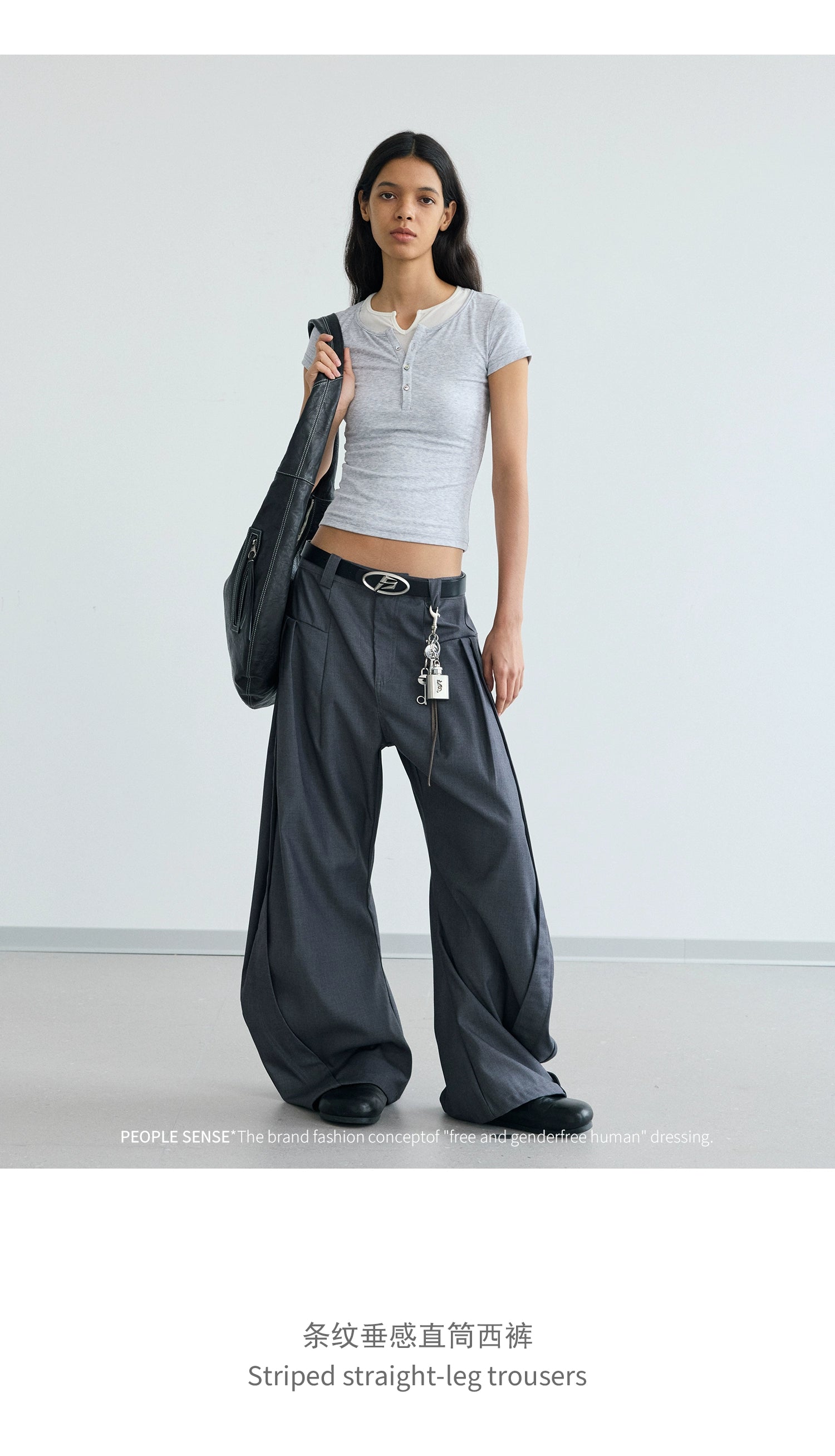 PEOPLESENSE Henry Collar Fake Two-piece Stacked Slim-fit Short Tee