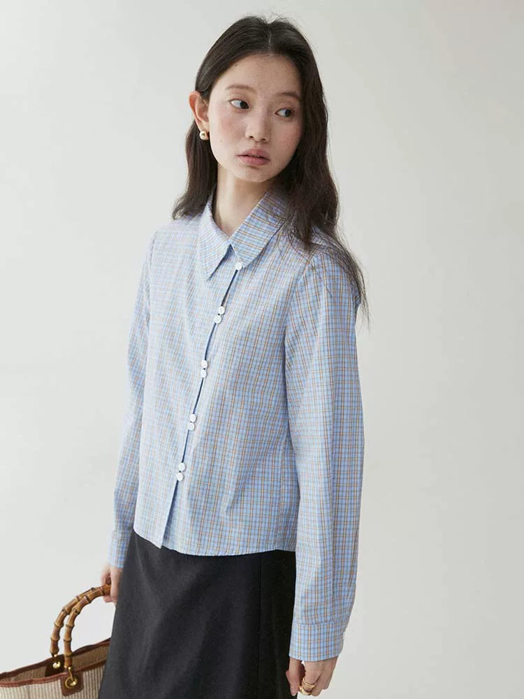 VOOE Contrasting Plaid Diagonal Neck Shirt