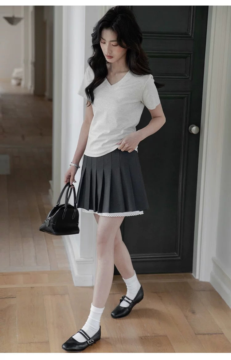 XUJING Simple V-neck Slim and Thin Tee